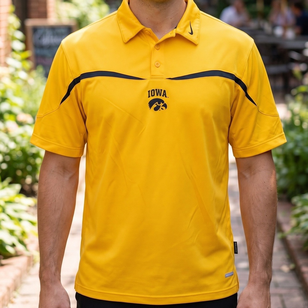 Nike Iowa Hawkeyes Sphere Dry Polo Shirt Mens Yellow Black NCAA Football Logo